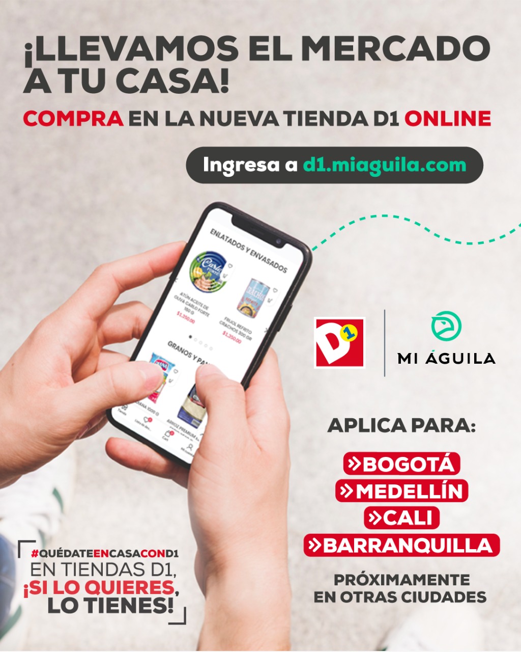 Marzo 28 de 2020. Tiendas D1 estableció una alianza con las plataformas digitales Mi Águila y Picap, para ofrecer el servicio de domicilios, y así evitar al máximo las aglomeraciones en las tiendas